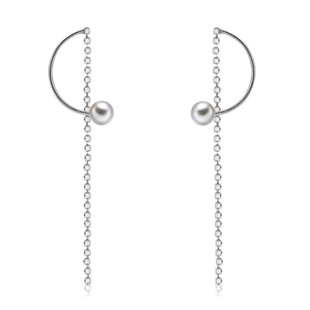 Silver Tone Curved w/Faux Pearl & Crystal Chain